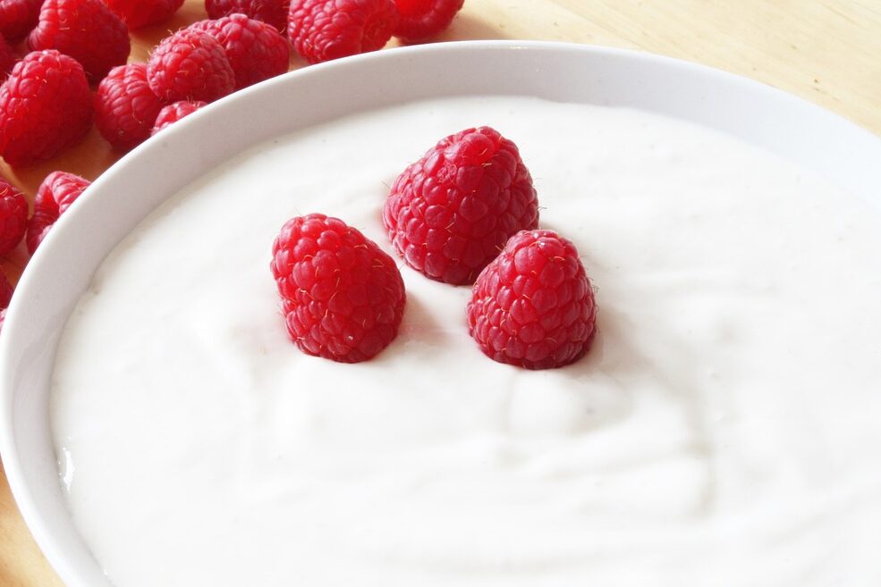 raspberries, yogurt, nature